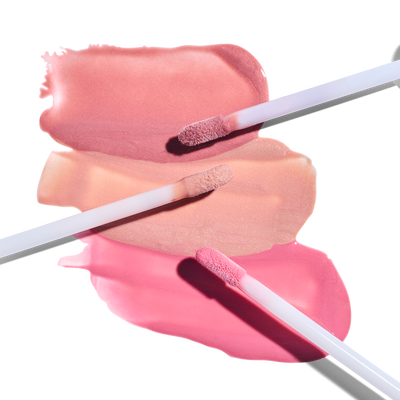 Peptide Lip Shine SPF 30 Rose, Champagne, Pink swatches with applicator || all