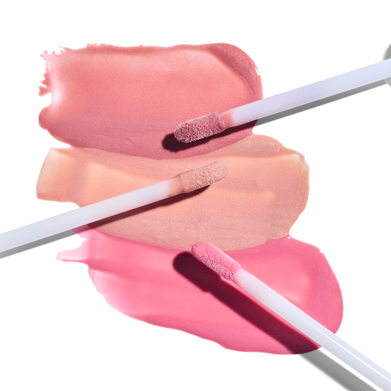 Peptide Lip Shine SPF 30 Rose, Champagne, Pink swatches with applicator || all
