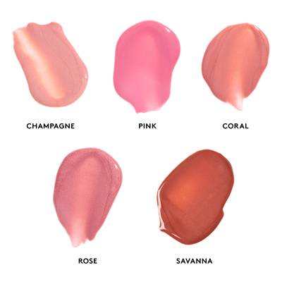 Peptide Lip Shine SPF 30 swatches left to right: Champagne, Pink, Coral, Rose, Savanna || all