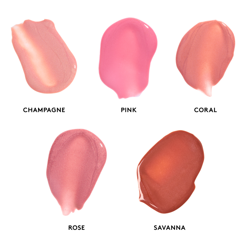 Peptide Lip Shine SPF 30 swatches left to right: Champagne, Pink, Coral, Rose, Savanna || all